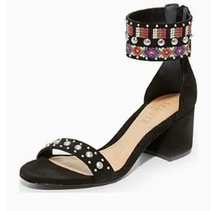 SCHULTZ Embroidered Studded Ankle Strap Chunky Low Heel Sandals